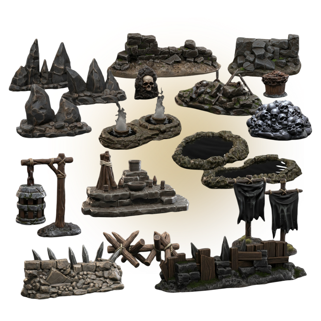 Various Props_ Barricades, volcanoes, banners, ruins, altars