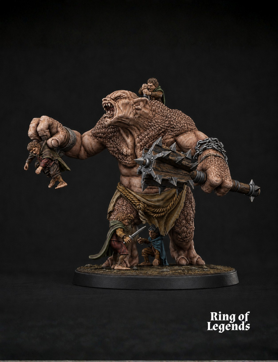 Cave Troll fighting halflings